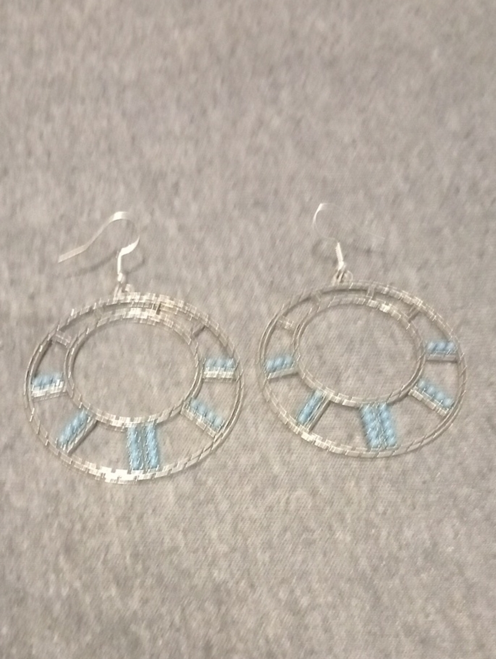 Silver Hoop Drop Earrings with Light Blue Accents
